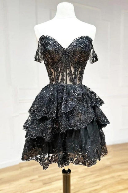 Sparkly Corset Homecoming Dress with Sequin Lace and Tiered Ruffle Skirt