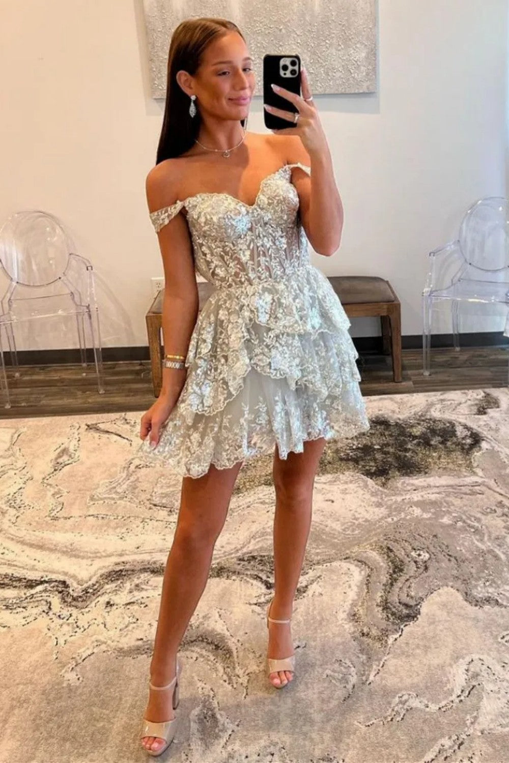 Sparkly Corset Homecoming Dress with Sequin Lace and Tiered Ruffle Skirt