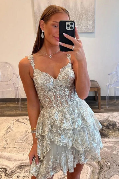 Sparkly Corset Homecoming Dress with Sequin Lace and Tiered Ruffle Skirt