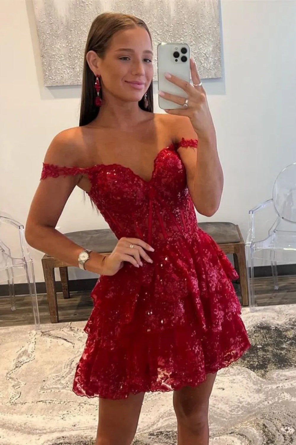Sparkly Corset Homecoming Dress with Sequin Lace and Tiered Ruffle Skirt