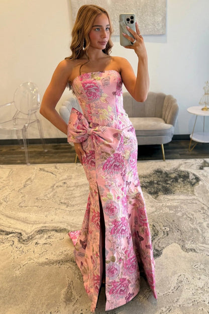 Romantic Floral Strapless Mermaid Prom Dress with Bow Detail and High Slit
