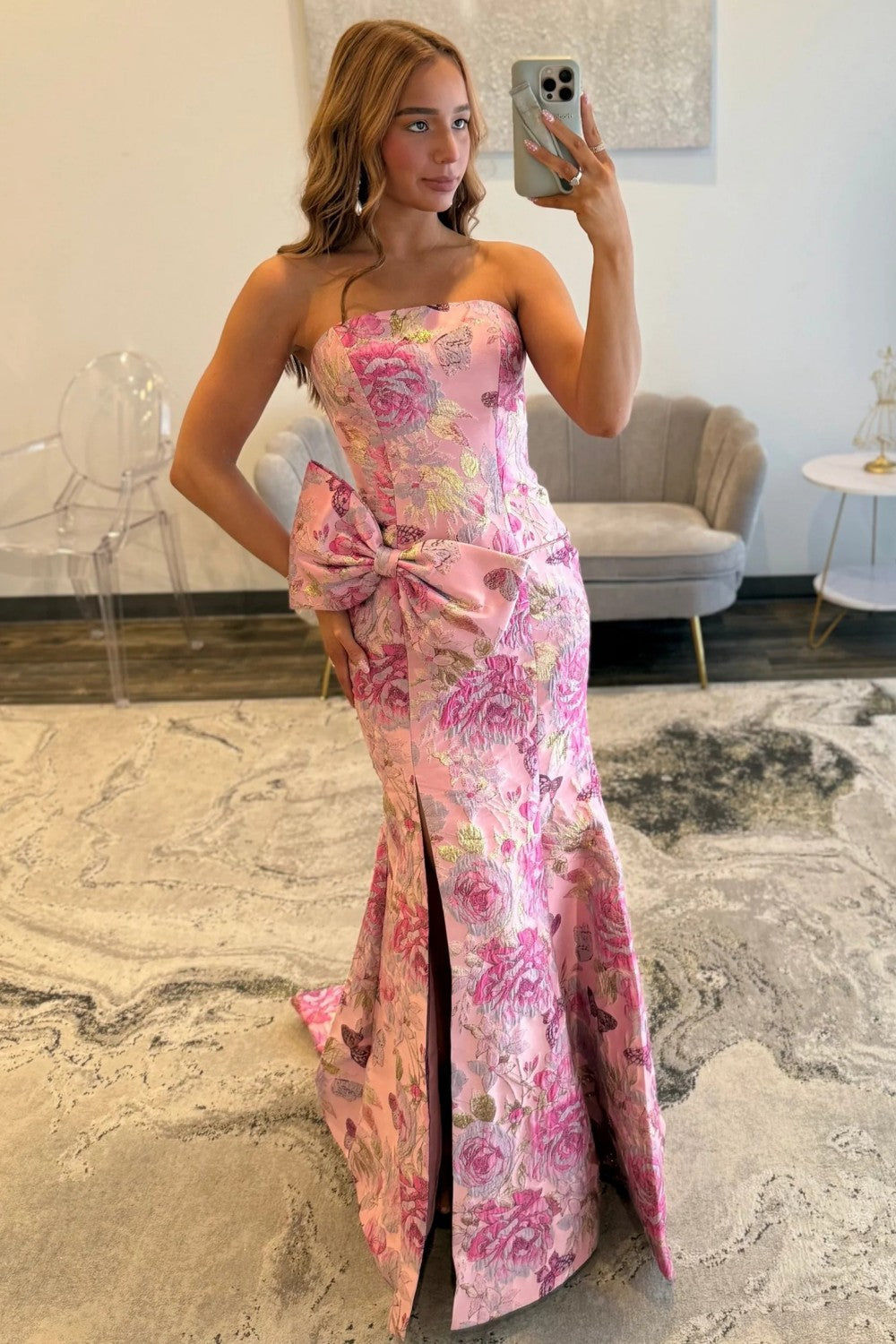 Stunning Pink Floral Strapless Mermaid Prom Dress with Bow Detail and Slit