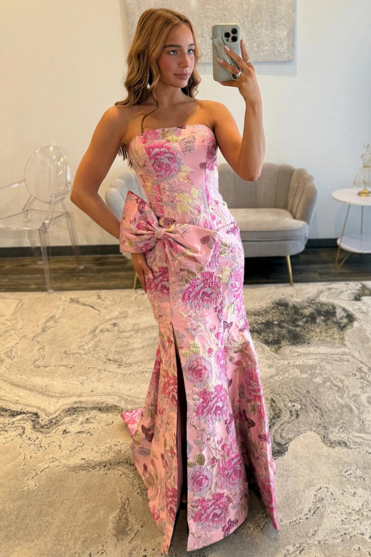 Stunning Pink Floral Strapless Mermaid Prom Dress with Bow Detail and Slit