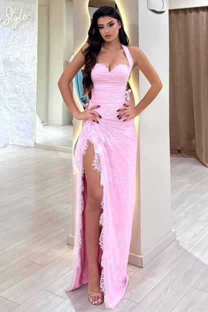 Stunning Pink Ruched Corset Lace Mermaid Prom Dress with Halter Neck & Slit