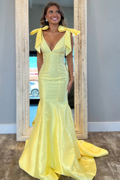 Charming Mermaid V-Neck Yellow Long Beaded Prom Dress with Bowknot