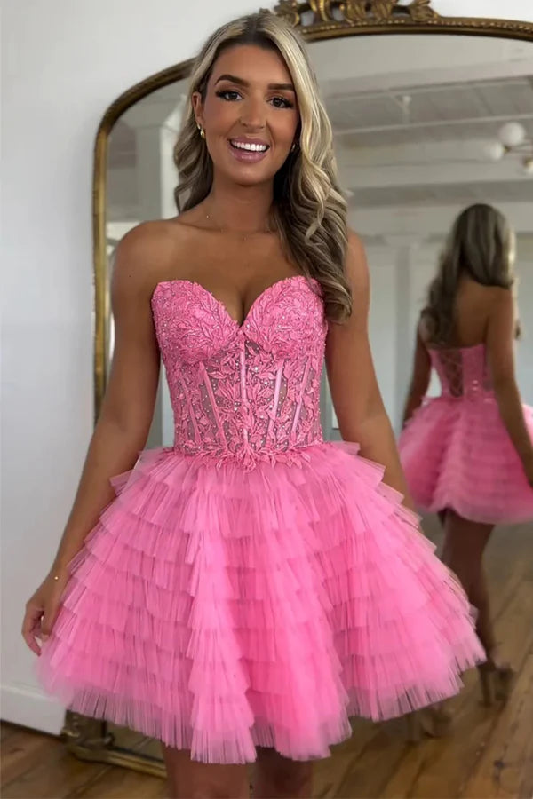 Red A-Line Sweetheart Homecoming Dress with Lace Up Back and Short Tulle Skirt