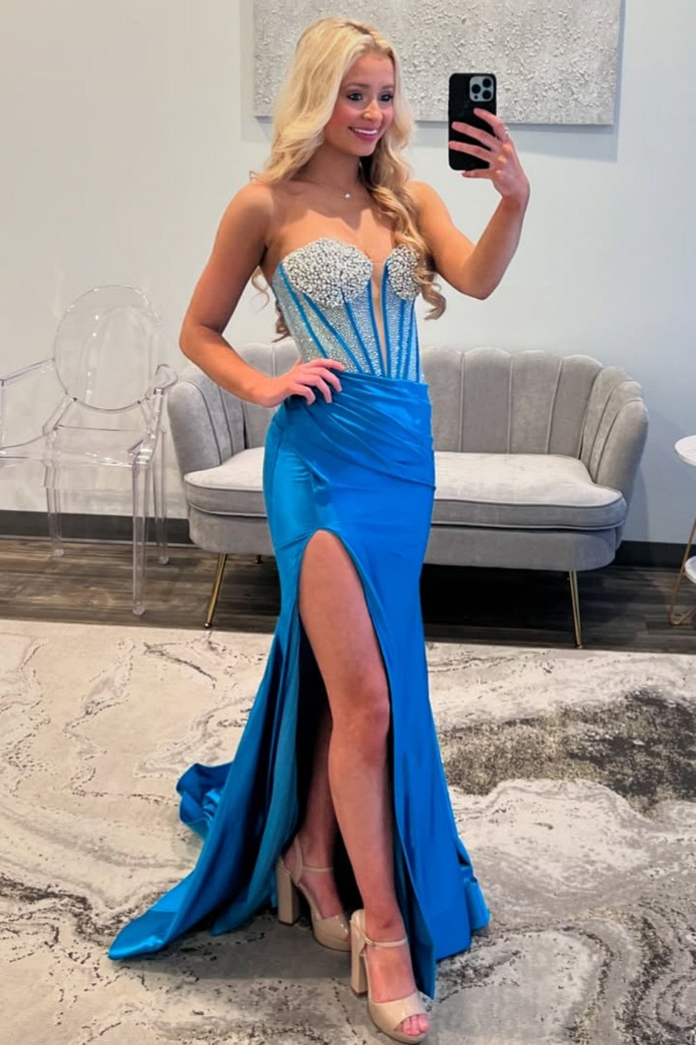 Stunning Hot Pink Mermaid Prom Dress with Beaded Top Long Satin and Slit