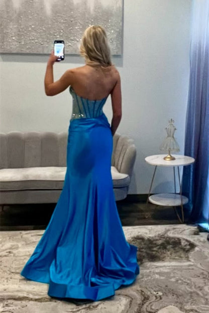 Stunning Hot Pink Mermaid Prom Dress with Beaded Top Long Satin and Slit