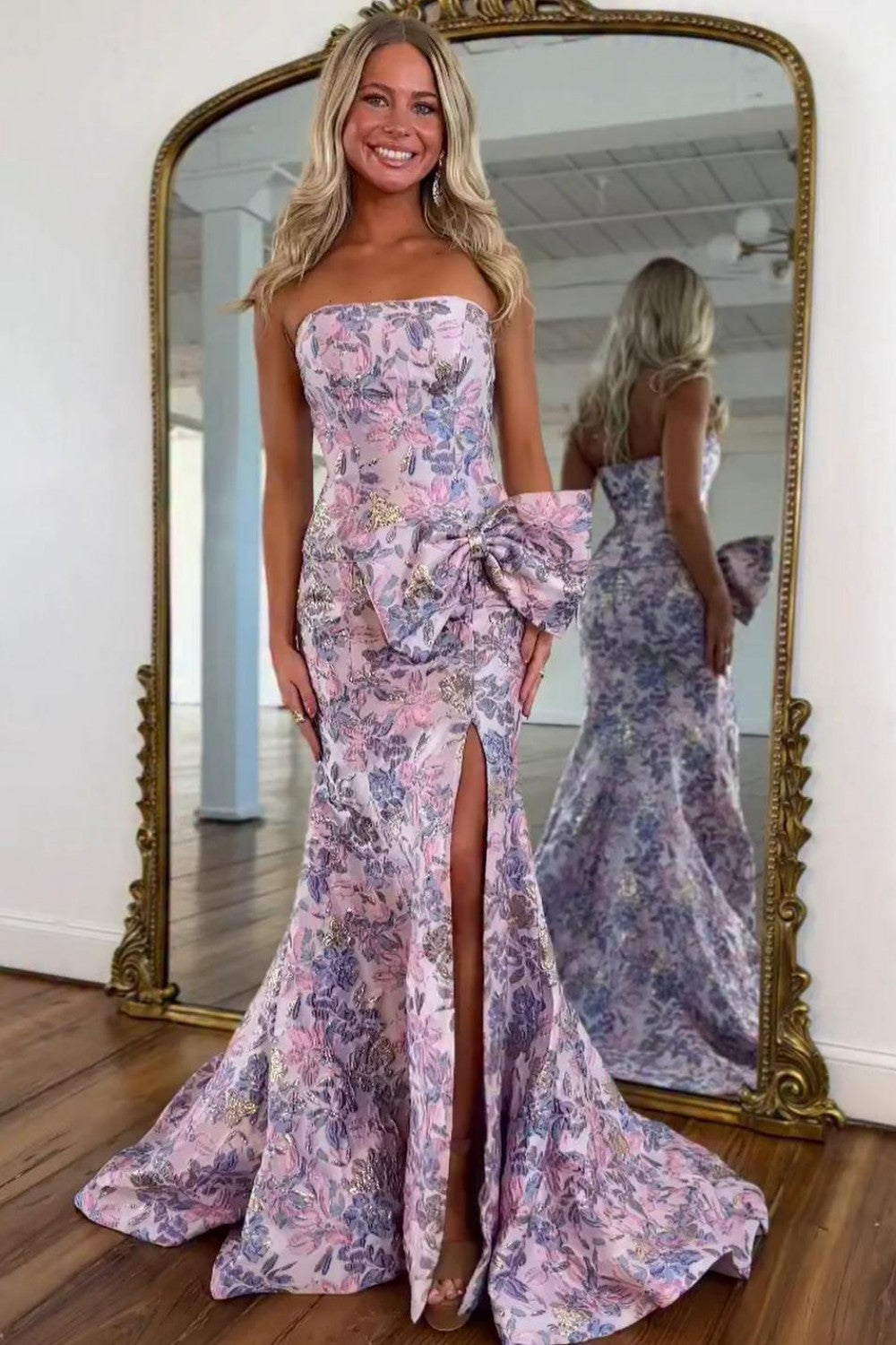 Stunning Pink Floral Strapless Mermaid Prom Dress with Bow Detail and Slit