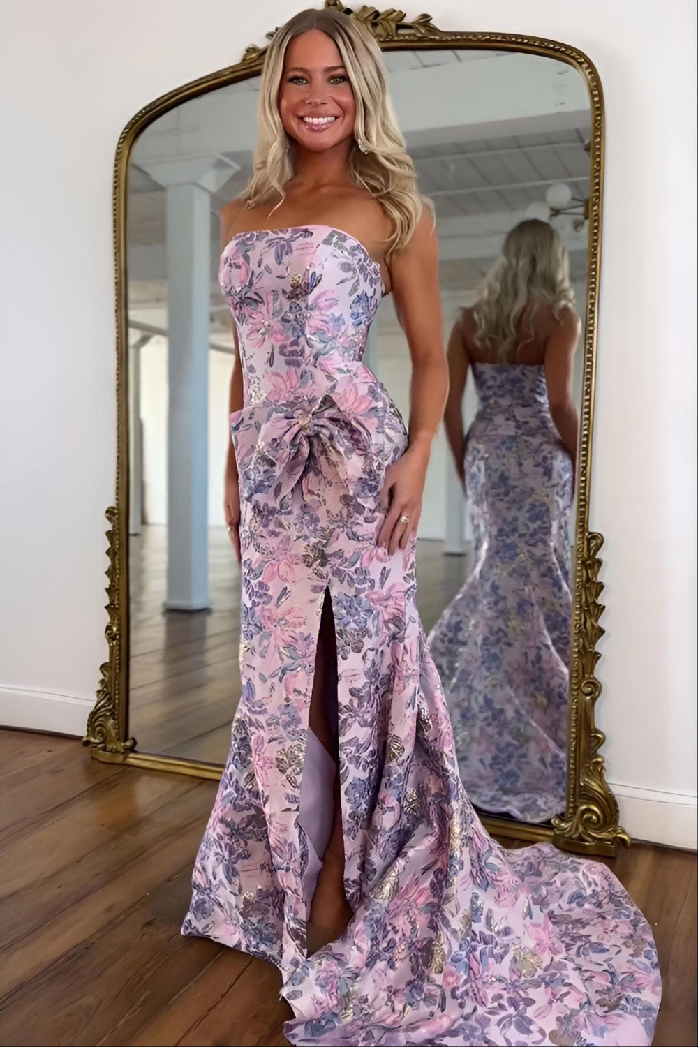 Stunning Pink Floral Strapless Mermaid Prom Dress with Bow Detail and Slit
