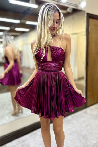 Stylish A-Line Open Back Short Metallic Homecoming Dress with Pleated Skirt