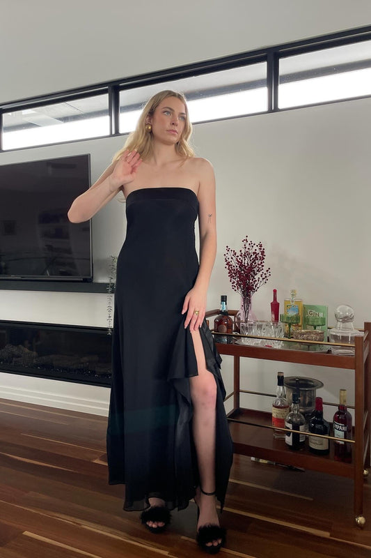 Stylish Sheath Strapless Black Long Party Dress with Ruffles