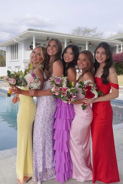 Stylish A Line Strapless Purple Long Prom Dress with Ruffles Split Front
