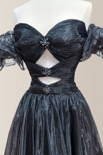 Stylish Black Off-The-Shoulder A-Line Prom Dress with Sheer Puff Sleeves & Cutout Beaded Bodice