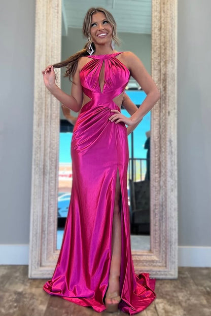 Stylish Fuchsia Metallic Mermaid Prom Dress with Slit and Open Back