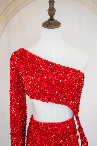 Stylish Mermaid One Shoulder Red Sequins Long Prom Dress with Keyhole