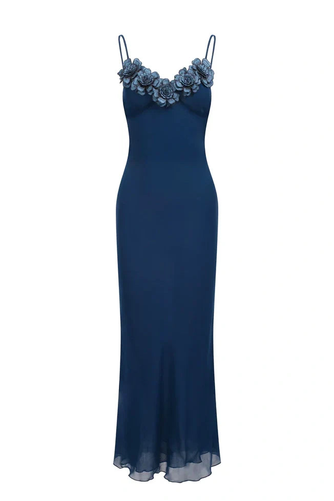 Stylish Sheath Spaghetti Straps Navy Blue Long Party Dress with Flowers