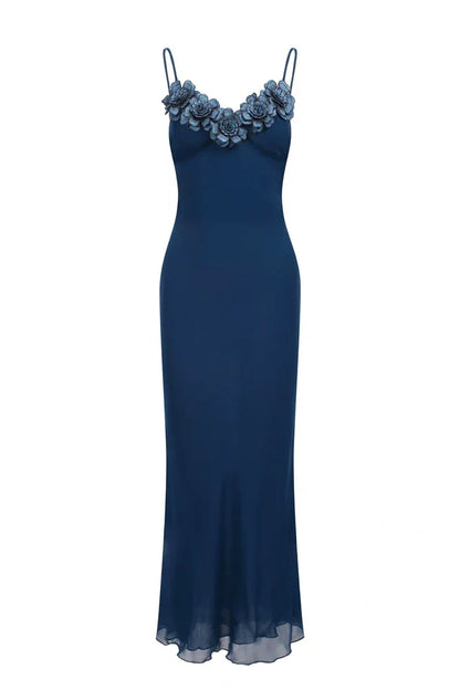 Stylish Sheath Spaghetti Straps Navy Blue Long Party Dress with Flowers