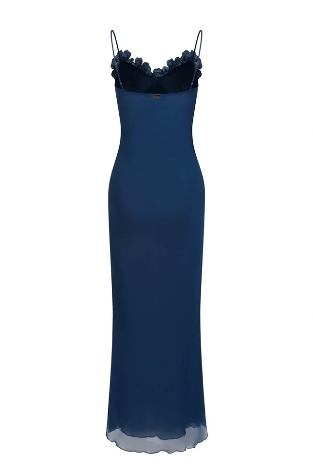 Stylish Sheath Spaghetti Straps Navy Blue Long Party Dress with Flowers