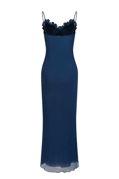 Stylish Sheath Spaghetti Straps Navy Blue Long Party Dress with Flowers