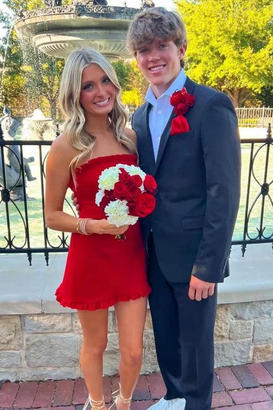 Pretty Sheath Strapless Red Satin Short Homecoming Dress with Ruffles