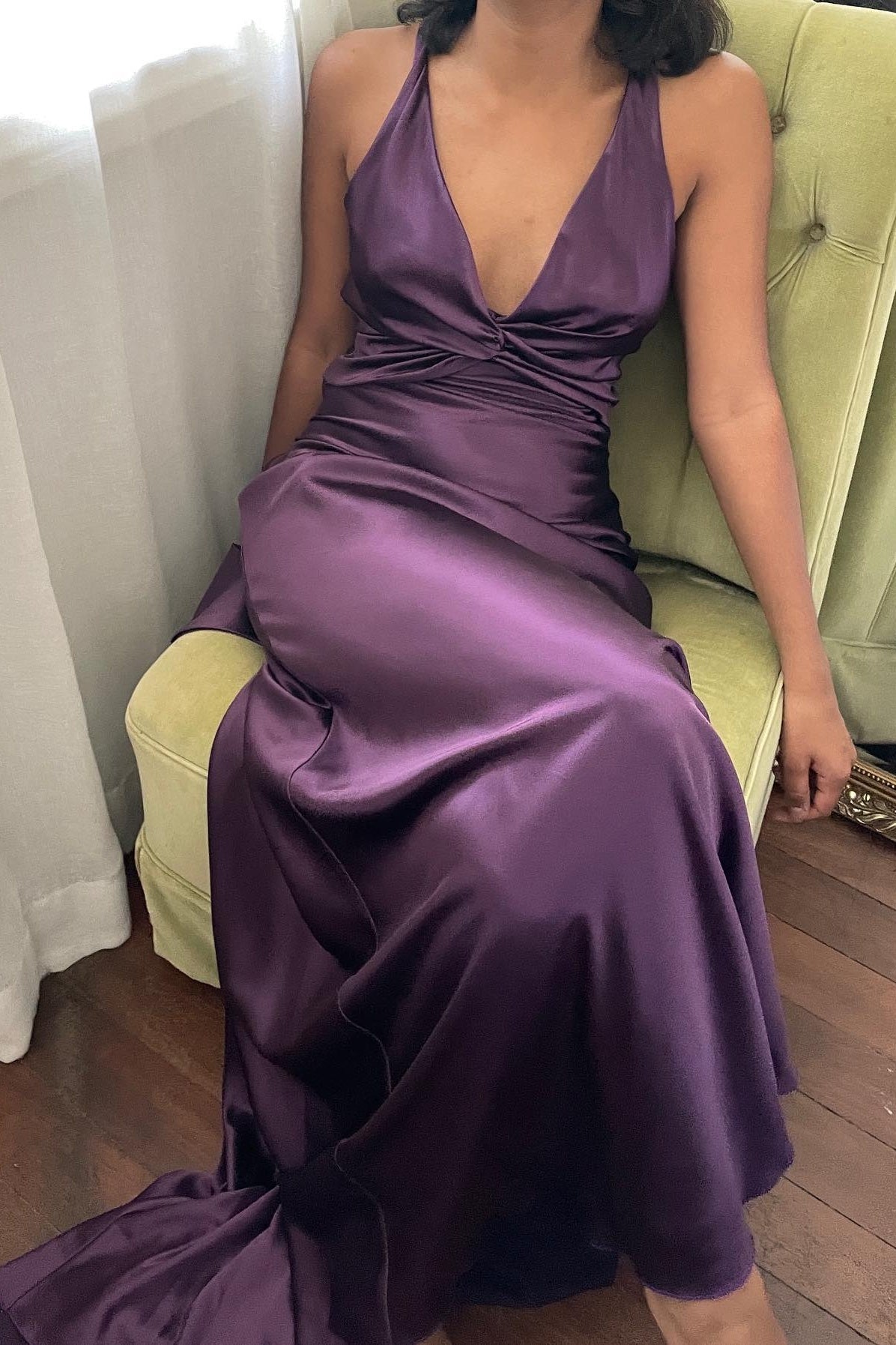Elegant Meriamd Satin V Neck Prom Dress with Ruched Bodice