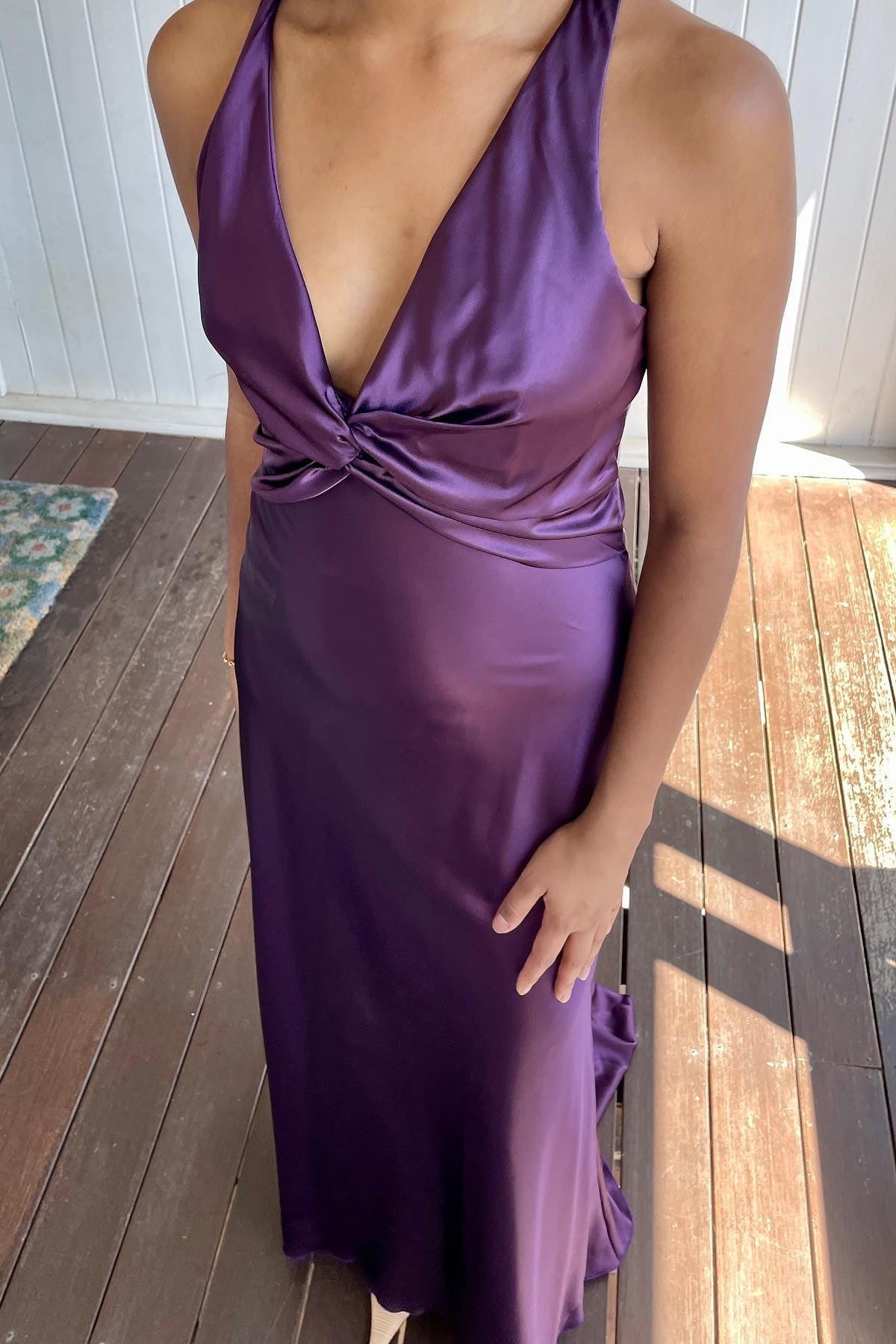 Elegant Meriamd Satin V Neck Prom Dress with Ruched Bodice