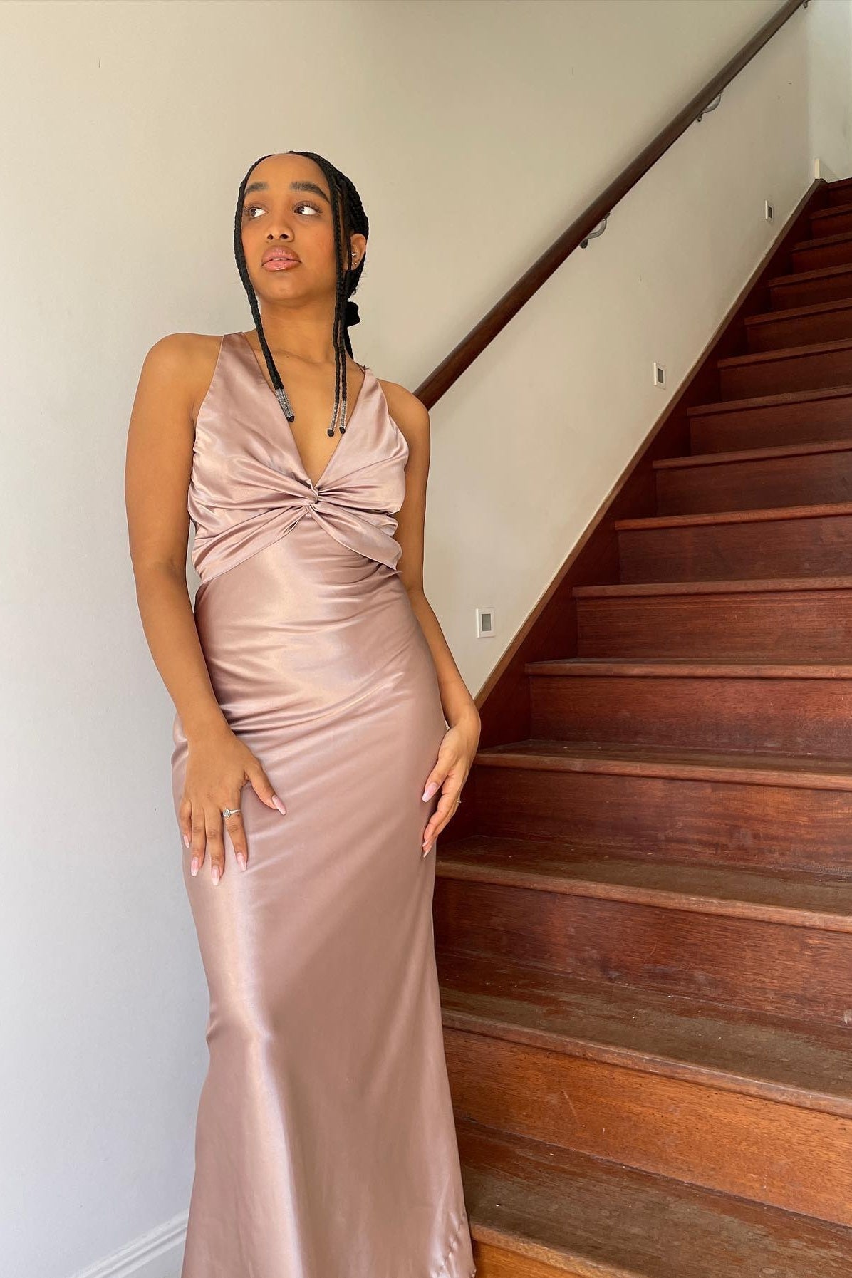 Elegant Meriamd Satin V Neck Prom Dress with Ruched Bodice