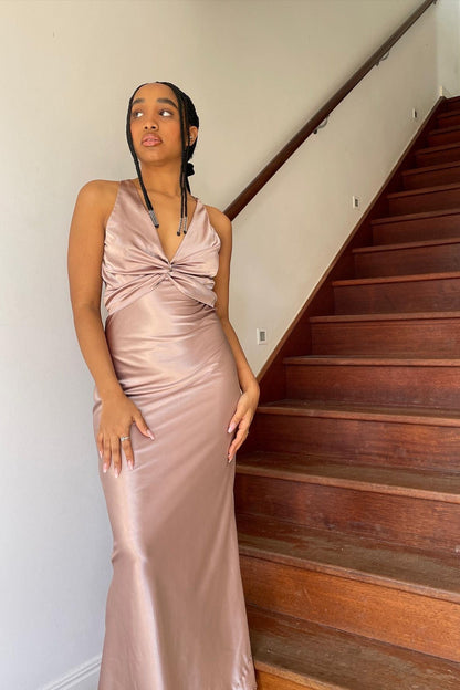 Elegant Meriamd Satin V Neck Prom Dress with Ruched Bodice