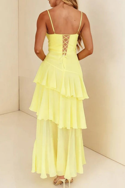 Stylish Yellow Spaghetti Straps Lace Up Tiered Chiffon Prom Gown