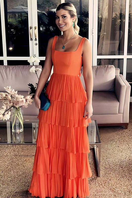 Sunset Orange Backless Tiered Ruffle Prom Dress with Oversized Bow