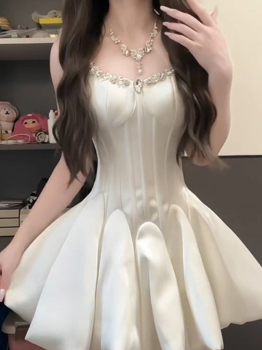Sweet Ivory Beaded Homecoming Dresses A-line Satin Short Prom Dress, AST2042