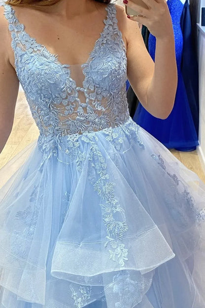 Sweet Light Blue Appliques Beaded Prom Dresses With Ruffle Skirt