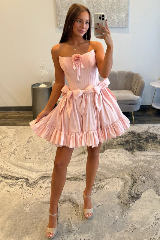 Sweet Pink Strapless Corset Homecoming Dress with Bows and Ruffle Hem