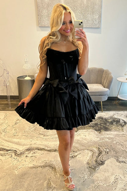 Sweet Pink Strapless Corset Homecoming Dress with Bows and Ruffle Hem