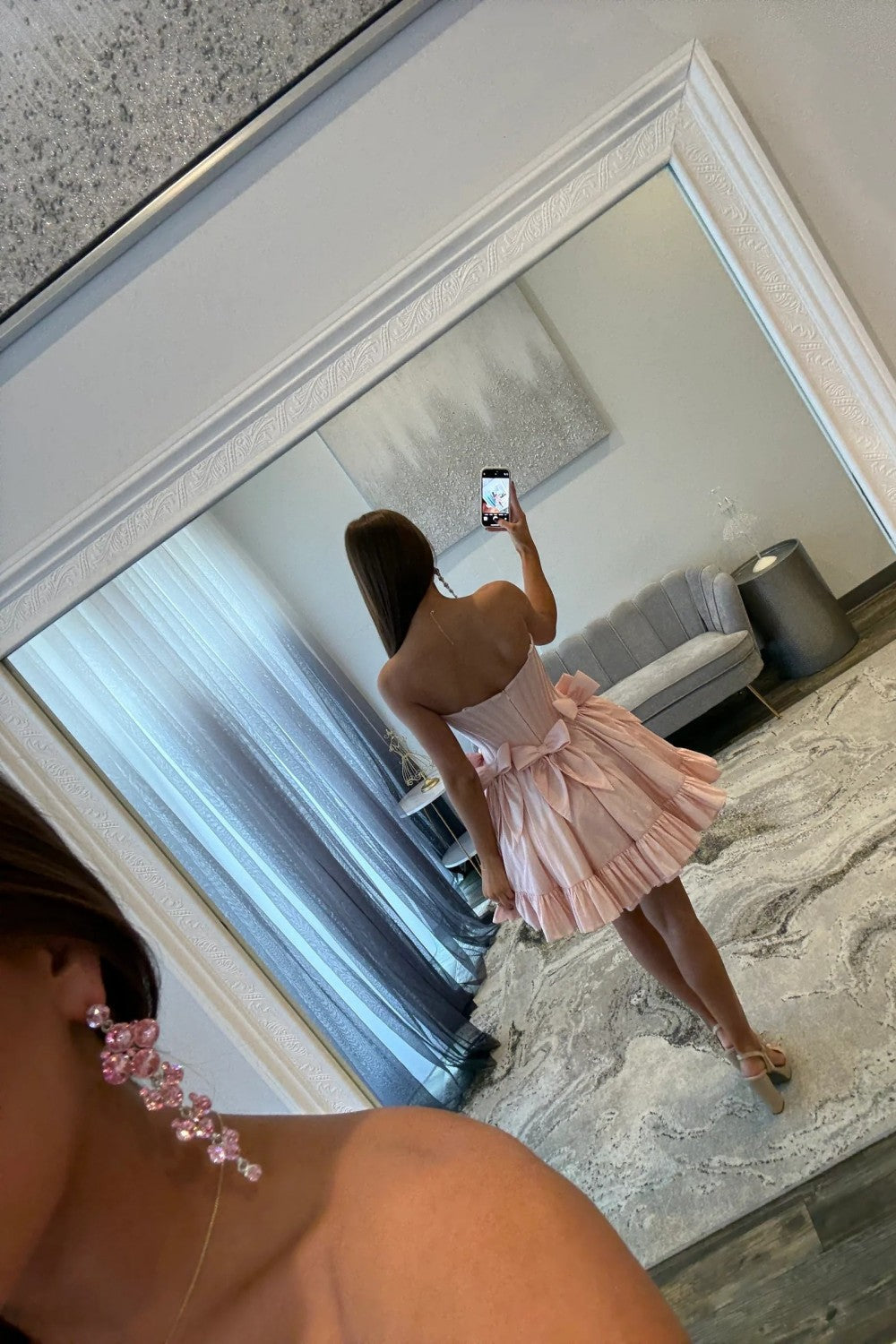 Sweet Pink Strapless Corset Homecoming Dress with Bows and Ruffle Hem