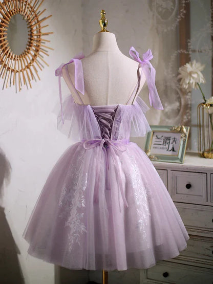omberprom Sweet Purple A-line Graduation Dresses Short Party Dress Homecoming Dress with Ribbon
