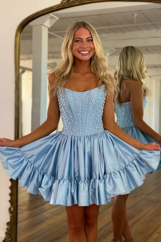 Sweet Pink A-Line Strapless Short Satin Homecoming Dress with Pearls
