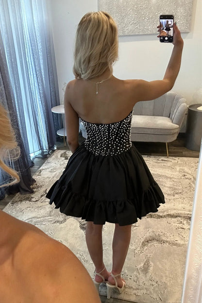 Sweet Pink A-Line Strapless Short Satin Homecoming Dress with Pearls