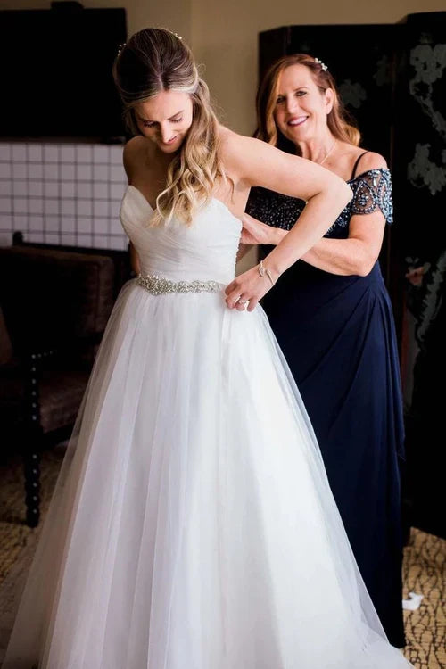 omberprom Elegant A-Line Strapless Sweetheart Wedding Dresses with Rhinestone Sash