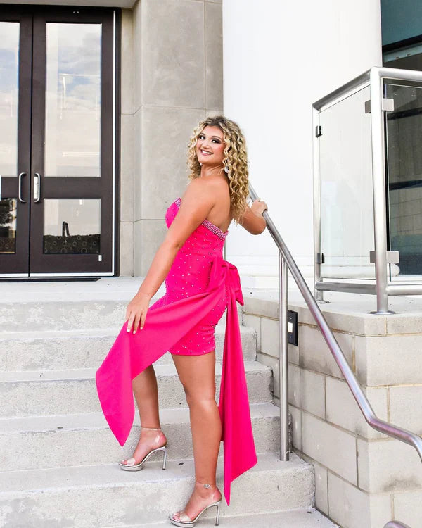 Vintage Fuchsia Sweetheart Bodycon Sash Tail Design Elegant Beaded Strapless Homecoming Dress TP3556