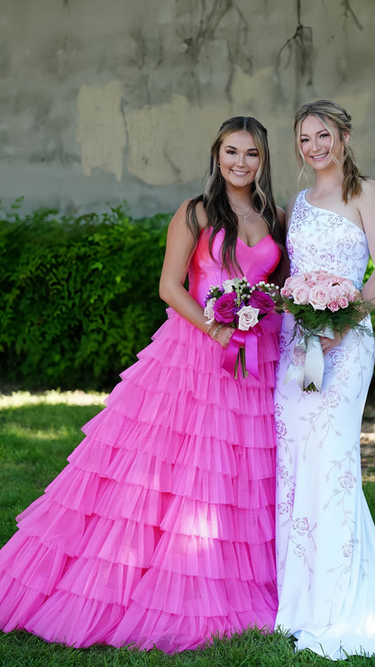 Sweetheart Pink A-Line Long Prom Dress, Tulle Ruffle Evening Gown, AST1534