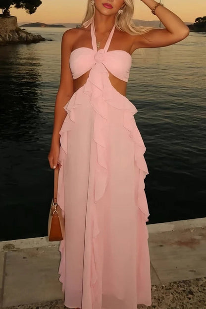 Sweety A Line Halter Neck Pink Long Prom Dress with Keyhole Ruffles
