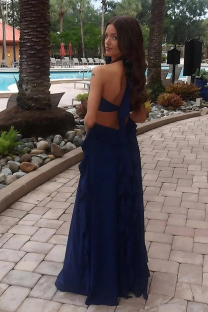 Sweety A Line Halter Neck Pink Long Prom Dress with Keyhole Ruffles
