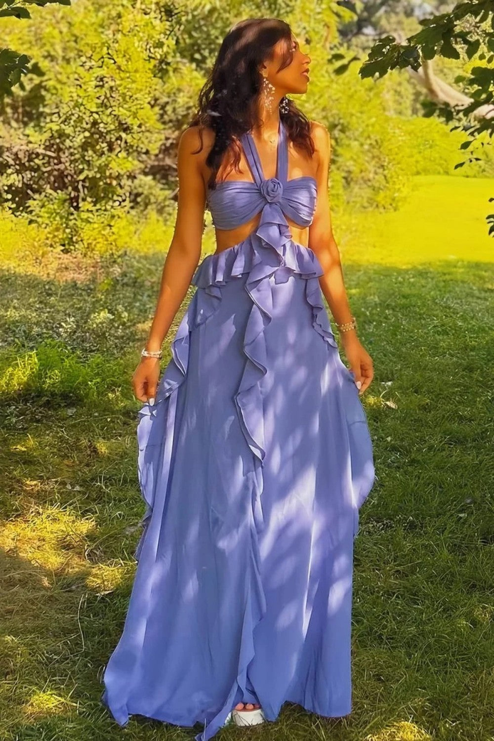 Sweety A Line Halter Neck Pink Long Prom Dress with Keyhole Ruffles
