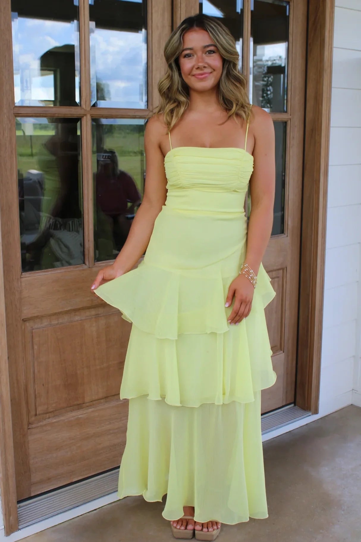 Sweety A Line Spaghetti Straps Yellow Long Prom Dress with Ruffles