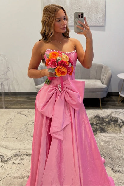 Sweety A Line Strapless Black Long Prom Dress with Bowknot Pearls