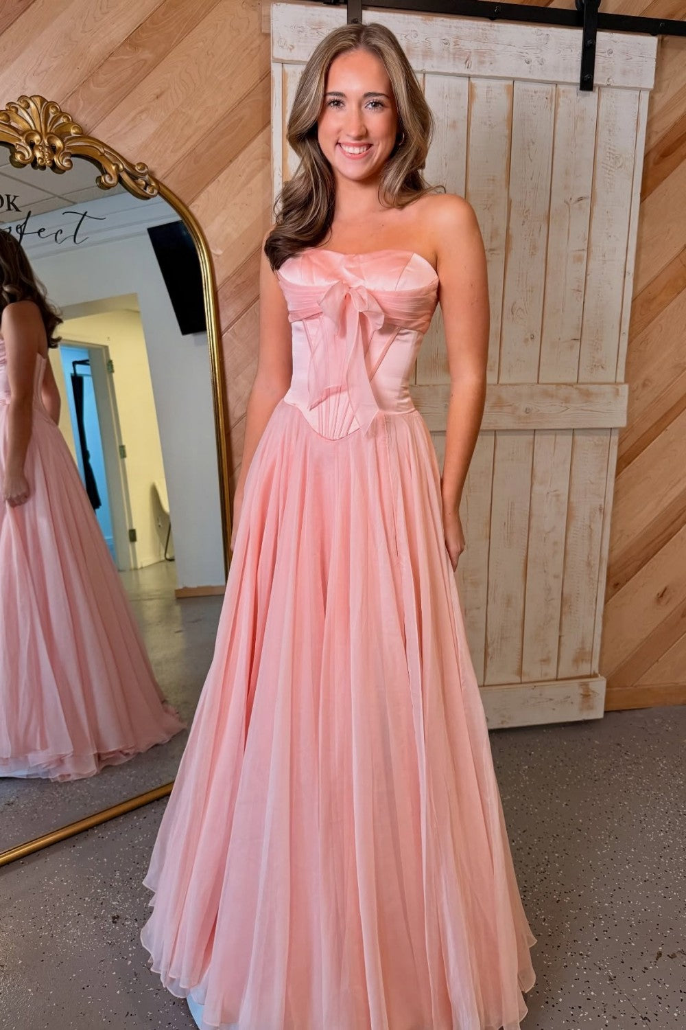 Blue Flowing Chiffon Strapless Corset Prom Dress with Bow Bodice