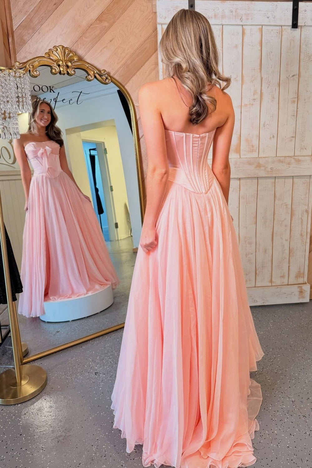 Blue Flowing Chiffon Strapless Corset Prom Dress with Bow Bodice