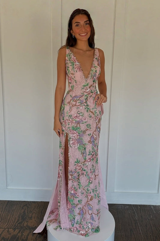 Sweety Mermaid V Neck Pink Long Prom Dress with Emboridery Bowknot